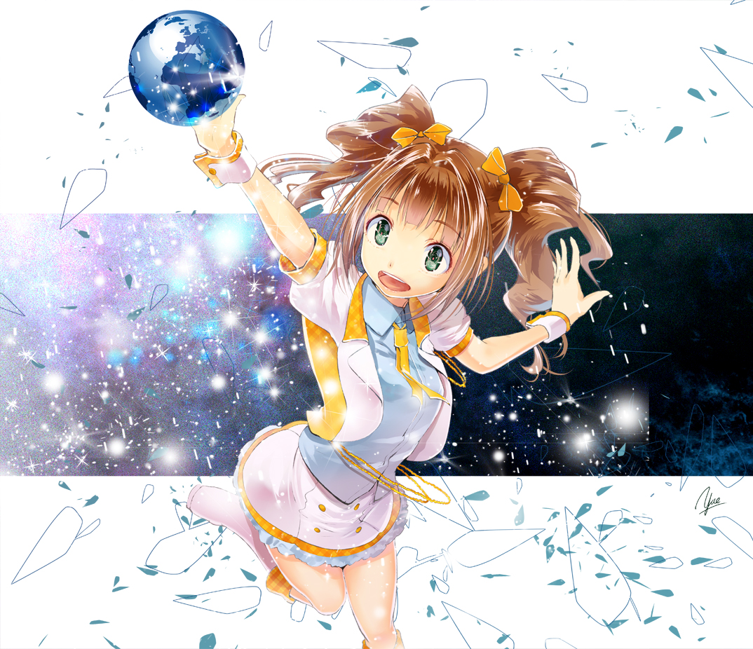 bow, brown_hair, green_eyes, idolmaster, idolmaster_movie, takatsuki_yayoi, twintails, wristwear, yae_(mono110)