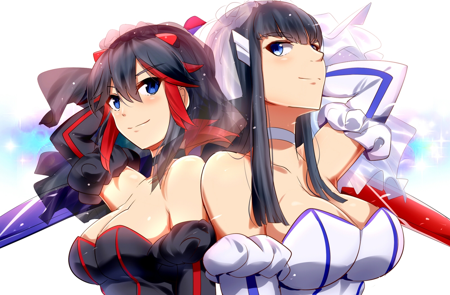 2girls, black_hair, blue_eyes, breasts, choker, cleavage, elbow_gloves, gloves, kill_la_kill, kiryuin_satsuki, long_hair, matoi_ryuuko, short_hair, umakatsuhai