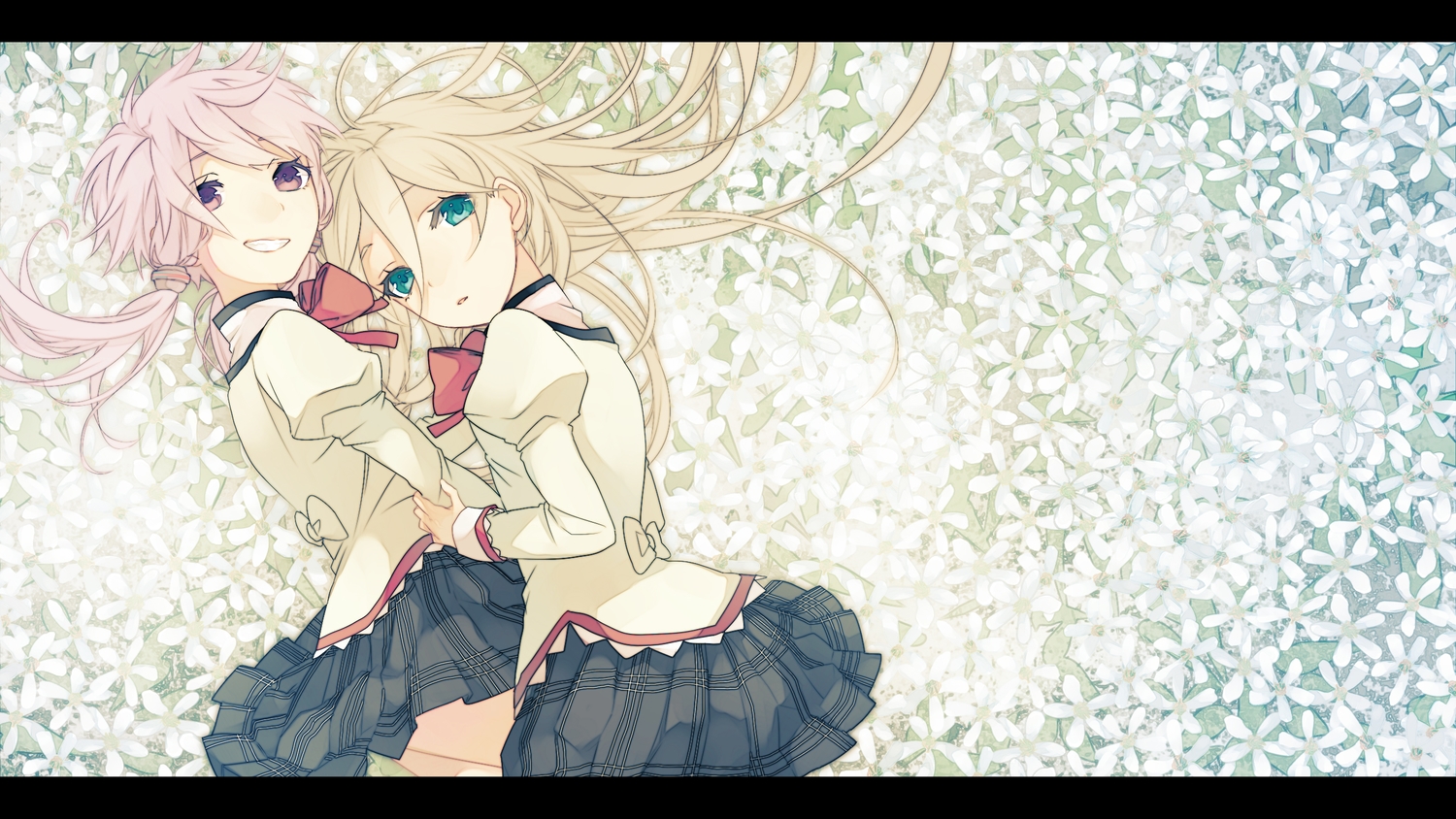 2girls, aqua_eyes, blonde_hair, bow, cosplay, flowers, ia, koyubi