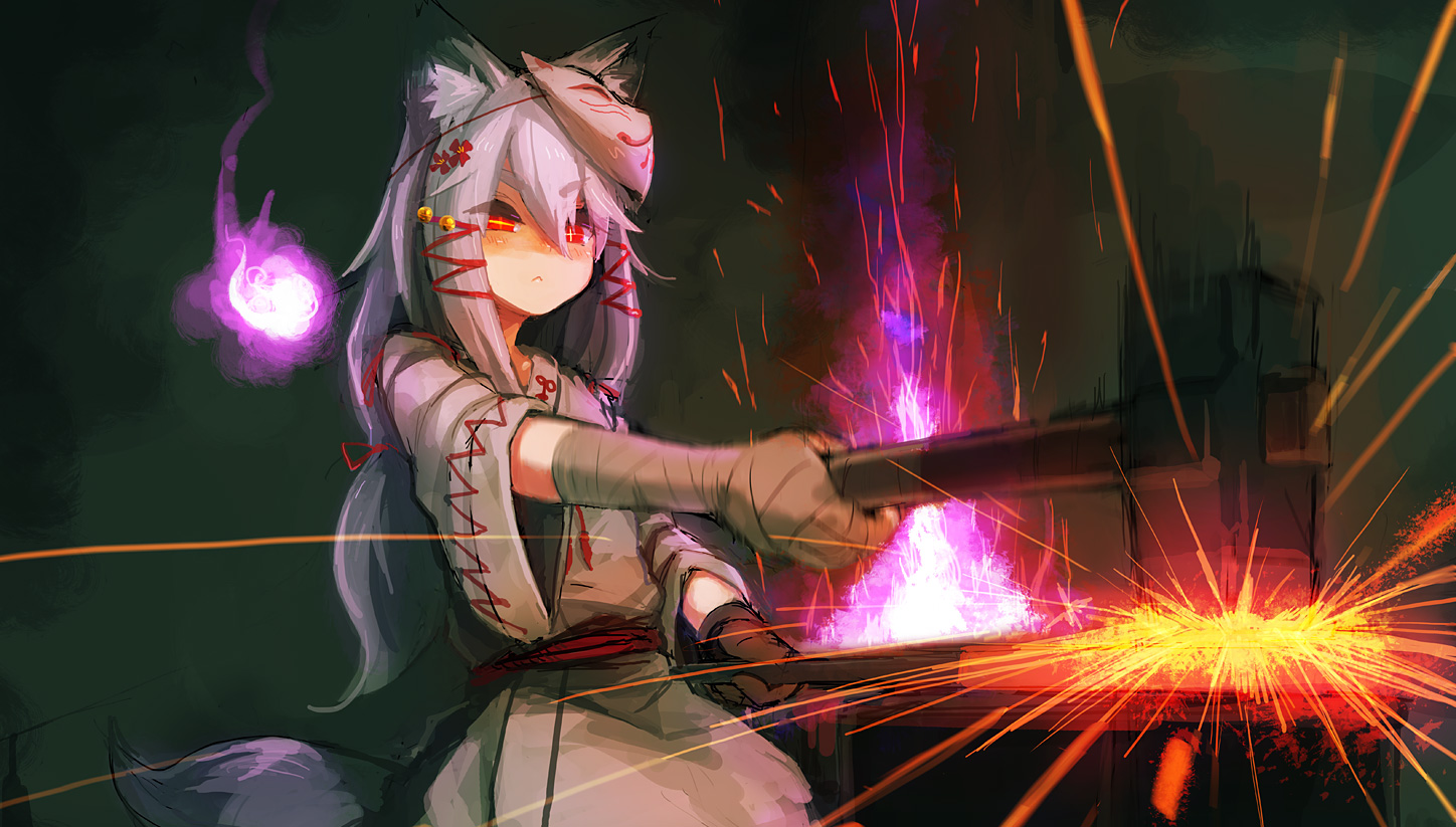 animal_ears, bandage, bee_(deadflow), blush, fire, foxgirl, gloves, japanese_clothes, mask, original, red_eyes, tail