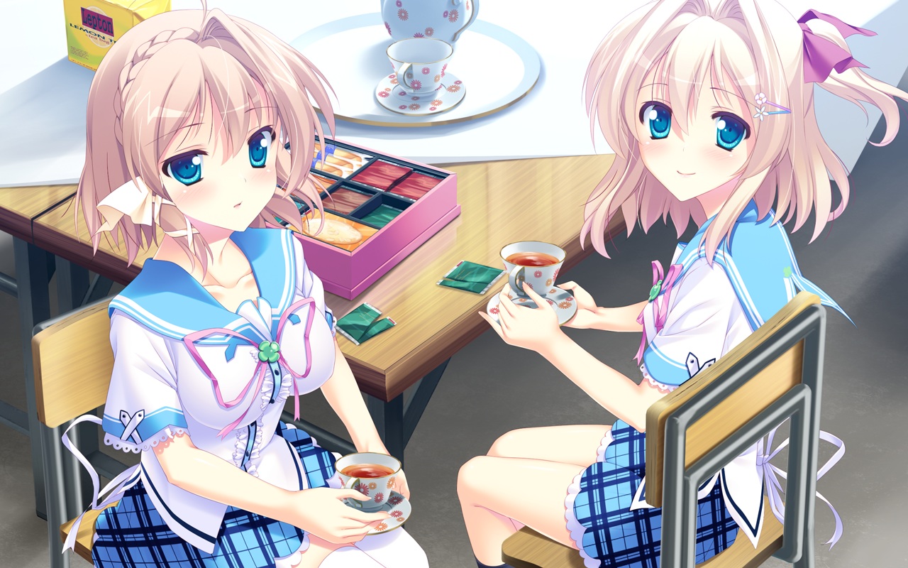 2girls, blonde_hair, blue_eyes, drink, game_cg, kazunari, koisuru_shimai_no_sextet, mihama_suzuka, mihama_yuuka, peassoft, ribbons, school_uniform, short_hair