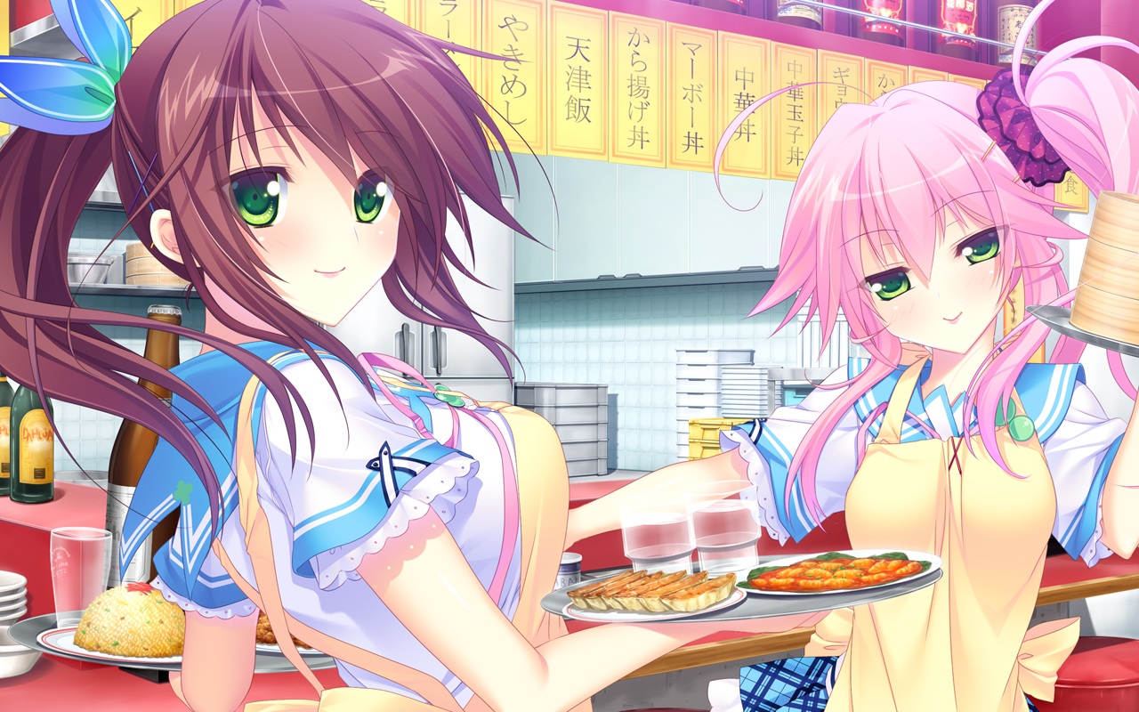 2girls, apron, brown_hair, food, game_cg, green_eyes, koisuru_shimai_no_sextet, kumatora_tatsumi, long_hair, makinose_mai, makinose_mayu, peassoft, pink_hair, ponytail, school_uniform