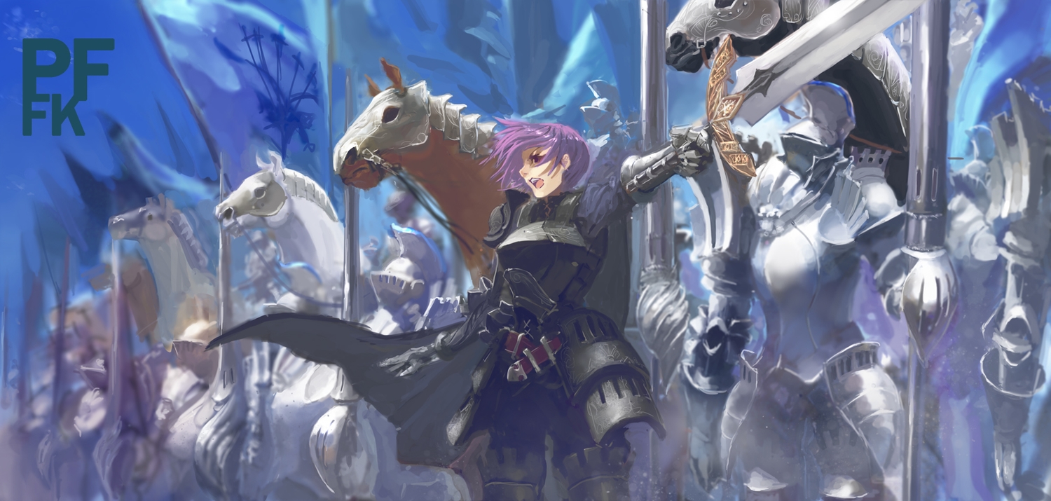 animal, armor, cape, horse, original, pixiv_fantasia, purple_eyes, purple_hair, spear, sword, virus76, weapon