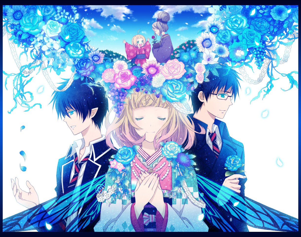 ao_no_exorcist, black_hair, blonde_hair, blue_eyes, butterfly, clouds, flowers, glasses