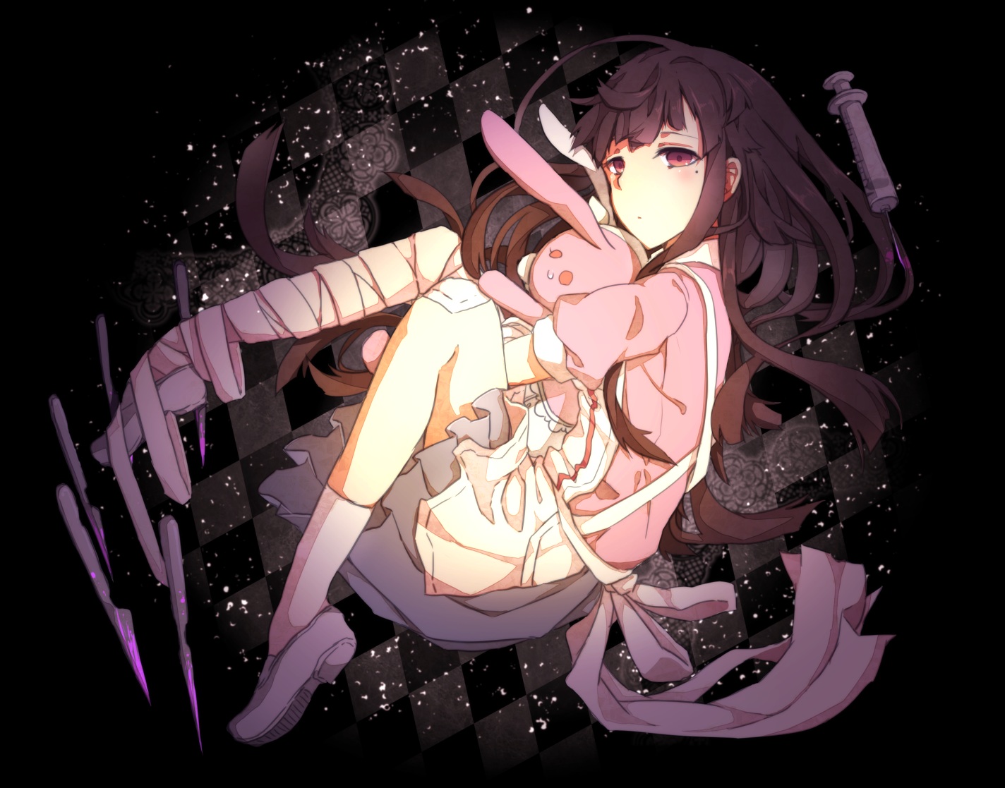 apron, bandage, brown_hair, bunny, dangan-ronpa_2, gensou_aporo, kneehighs, long_hair