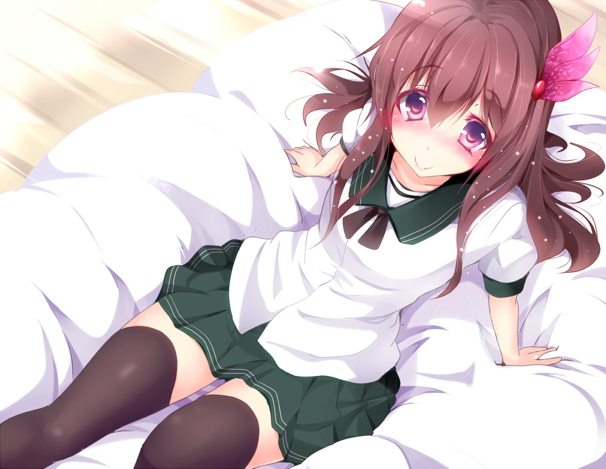 anthropomorphism, bed, blush, brown_hair, kantai_collection, kisaragi_(kancolle), long_hair, natsu_(anta_tte_hitoha)