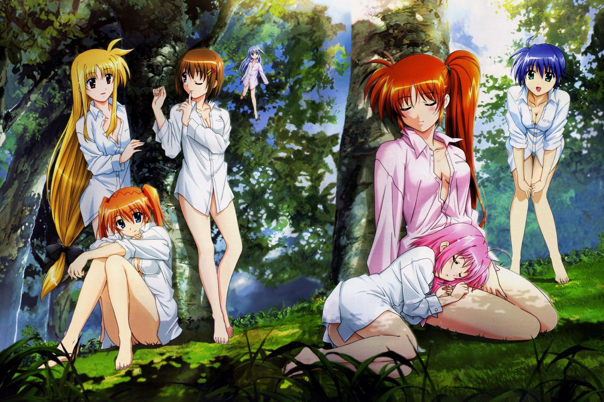 barefoot, blonde_hair, blue_hair, caro_ru_lushe, fate_testarossa, mahou_shoujo_lyrical_nanoha, mahou_shoujo_lyrical_nanoha_strikers, pink_hair