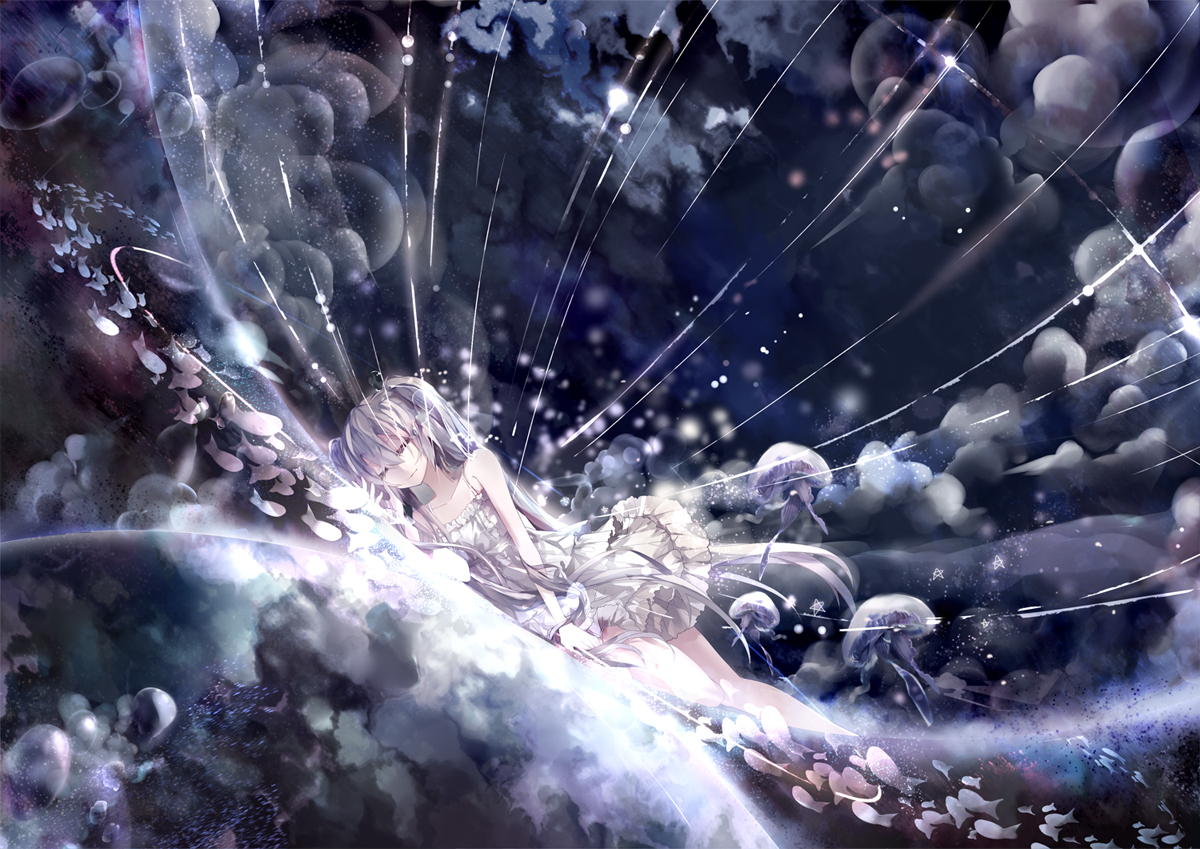 amatsukiryoyu, animal, blue_hair, bubbles, dress, fish, hatsune_miku, long_hair