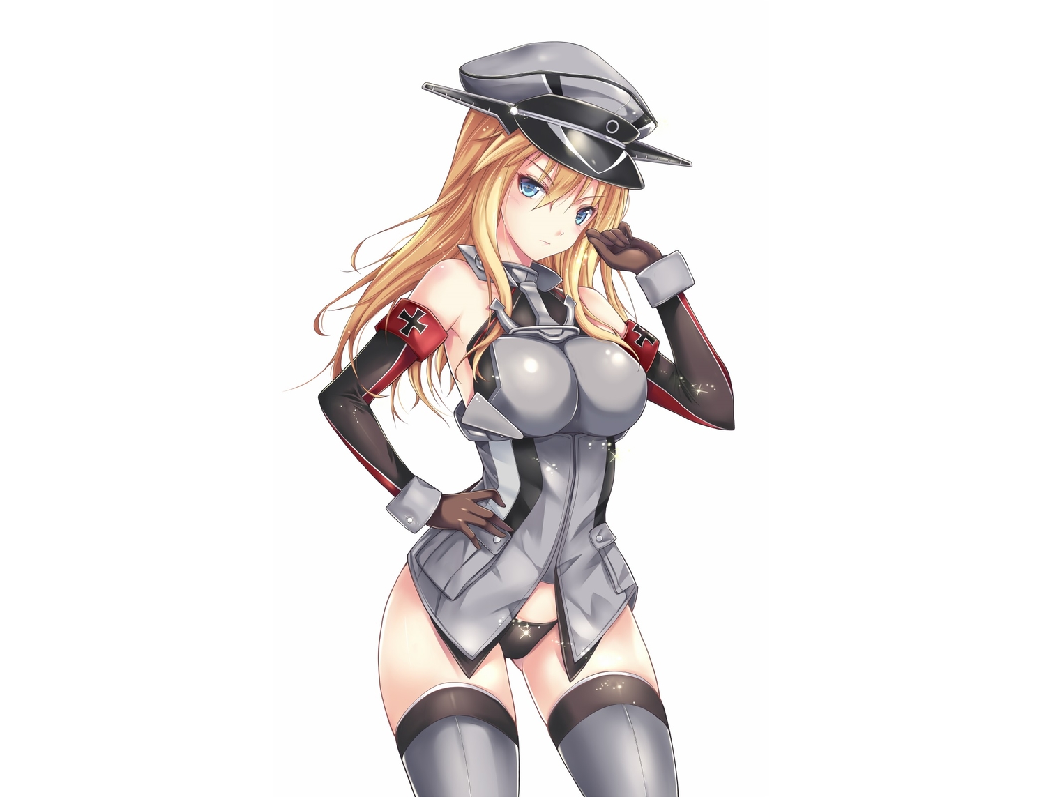 anthropomorphism, aqua_eyes, bismarck_(kancolle), blonde_hair, blush, breasts, elbow_gloves, gloves, hat, kantai_collection, long_hair, panties, taka-kun, thighhighs, underwear, uniform, white