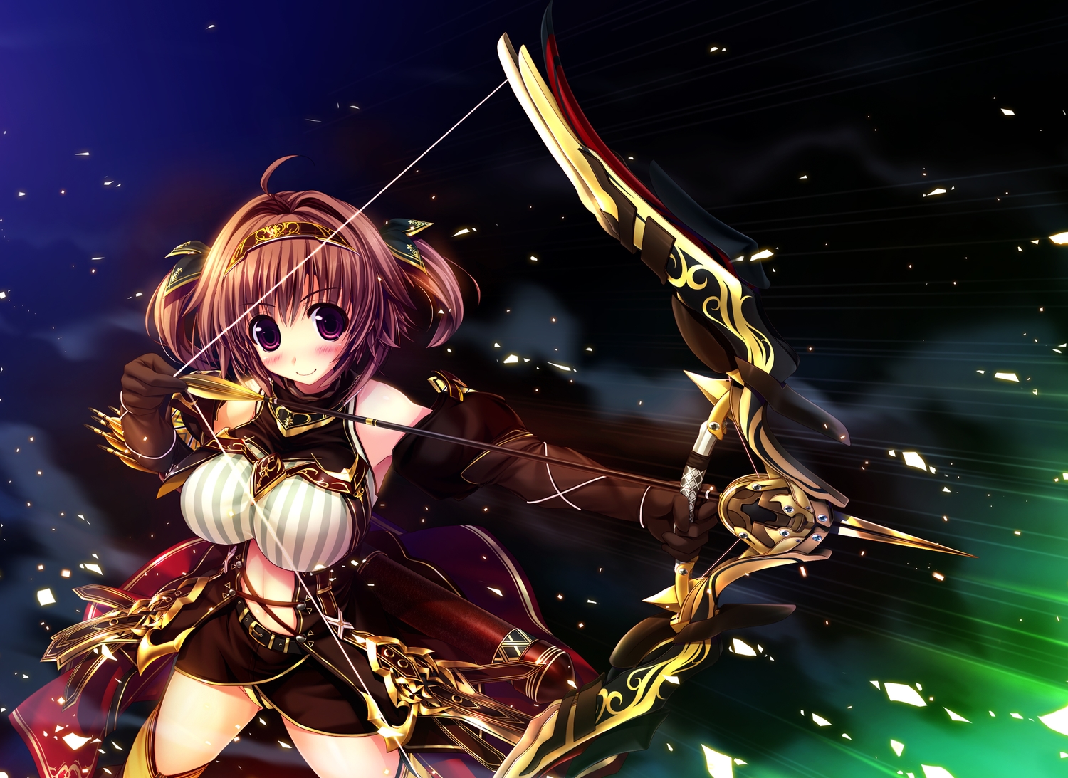 blush, bow_(weapon), breasts, brown_hair, cape, elbow_gloves, gloves, headband