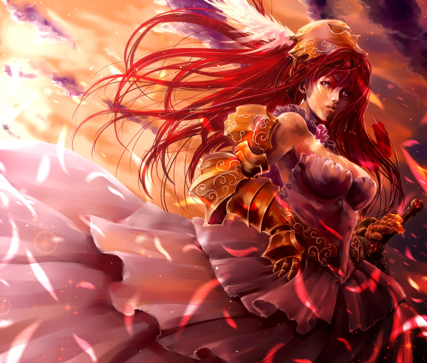 armor, breasts, cleavage, dress, long_hair, original, pandaraion_(kanikani2950), petals, pink_eyes, red_hair, sword, weapon