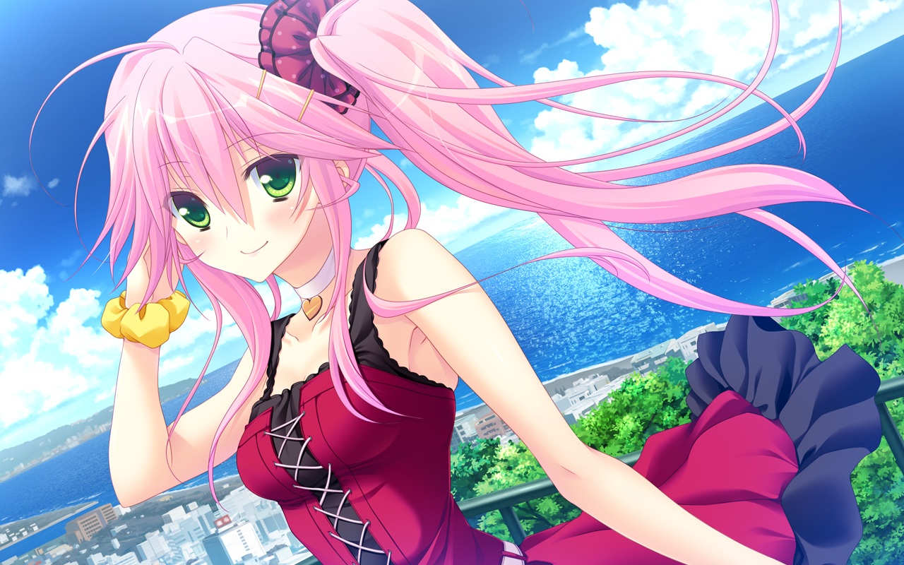 dress, game_cg, green_eyes, koisuru_shimai_no_sextet, kumatora_tatsumi, long_hair, makinose_mayu, peassoft, pink_hair, ponytail