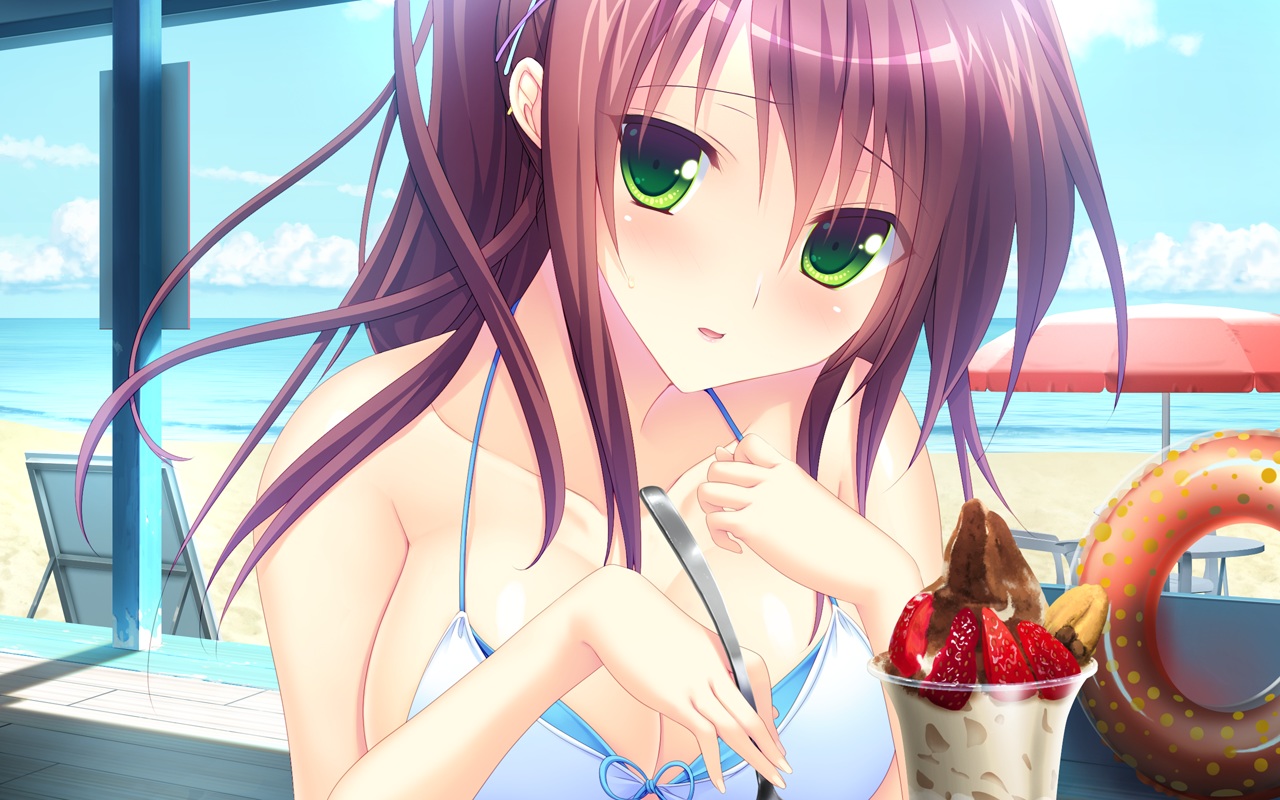 beach, brown_hair, food, game_cg, green_eyes, ice_cream, koisuru_shimai_no_sextet, long_hair