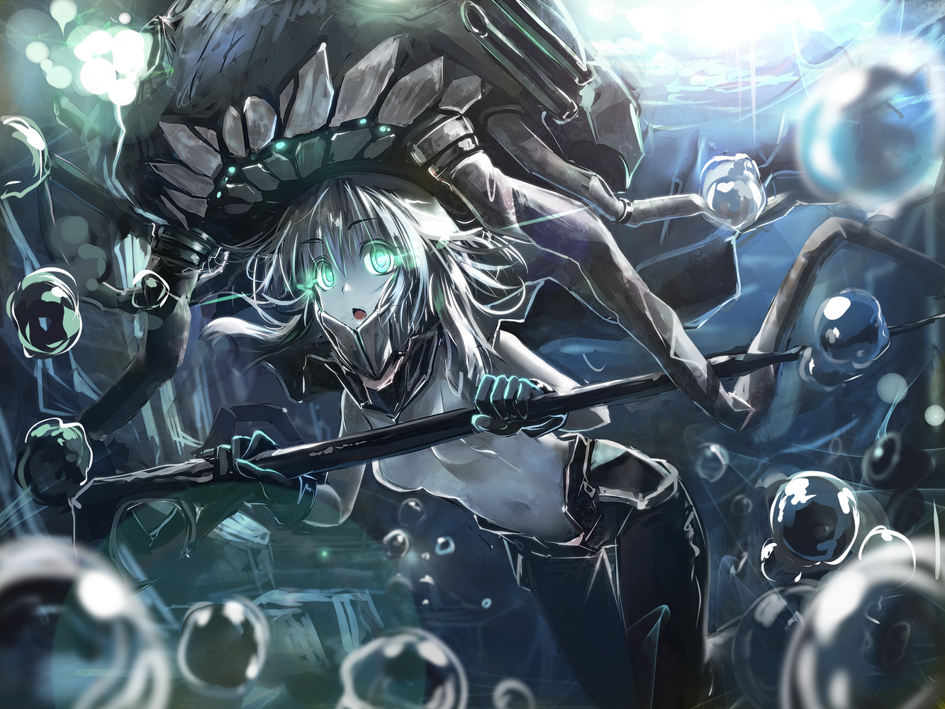 anthropomorphism, breasts, cleavage, gloves, green_eyes, hat, kantai_collection, long_hair, navel, patricia_(shooooter5), staff, underwater, water, white_hair, wo-class_aircraft_carrier