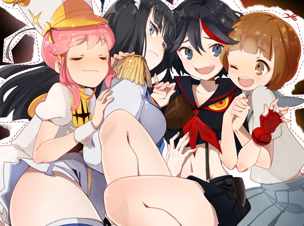 black_hair, blue_eyes, blush, brown_eyes, brown_hair, furururu, gloves, group, hat, hug, jakuzure_nonon, kill_la_kill, kiryuin_satsuki, mankanshoku_mako, matoi_ryuuko, navel, pink_hair, school_uniform, short_hair, skirt, uniform, wink
