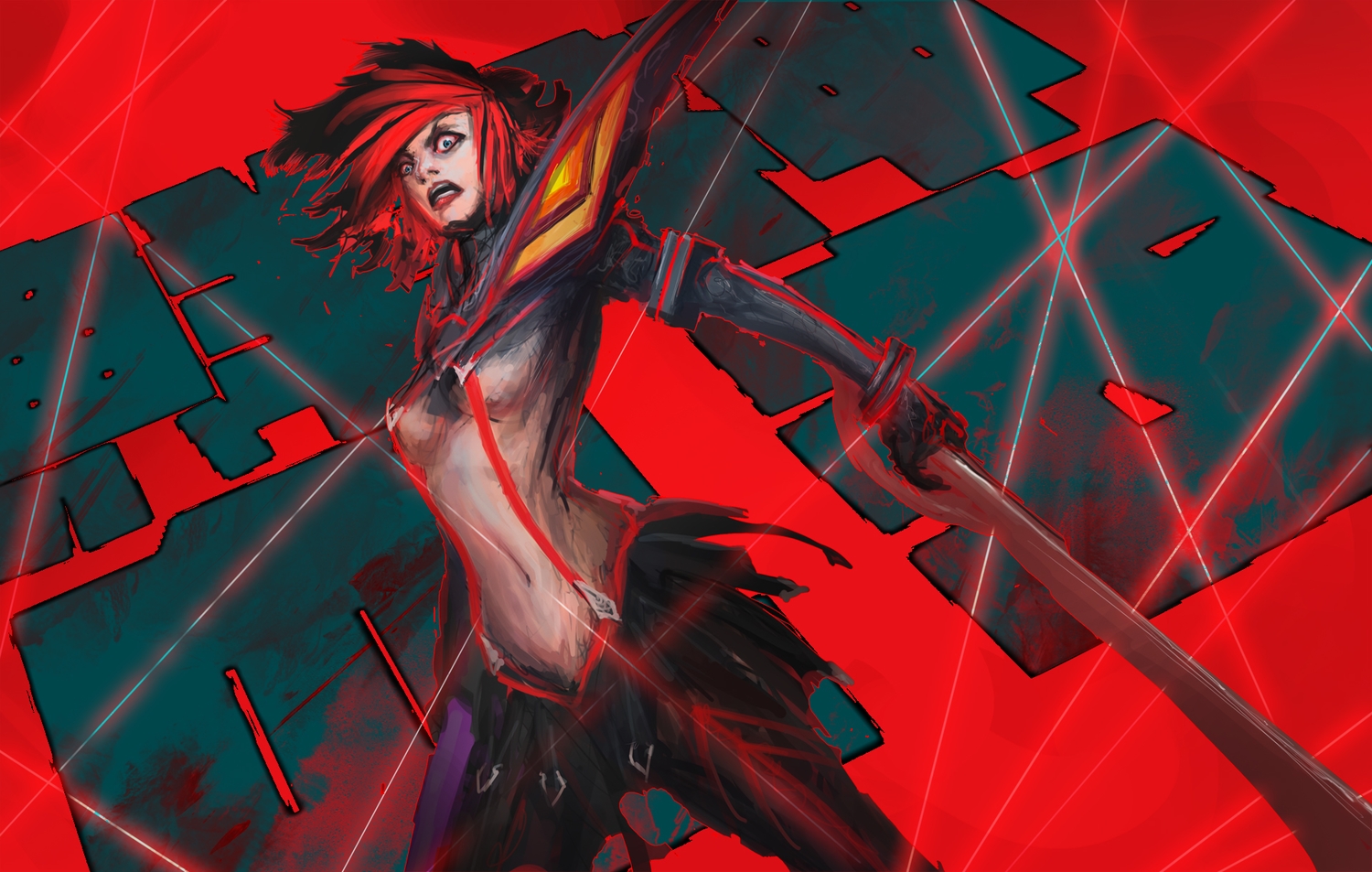 armor, blue_eyes, breasts, gloves, kill_la_kill, matoi_ryuuko, navel, red_hair, short_hair, skirt, sword, thedurrrrian, underboob, weapon