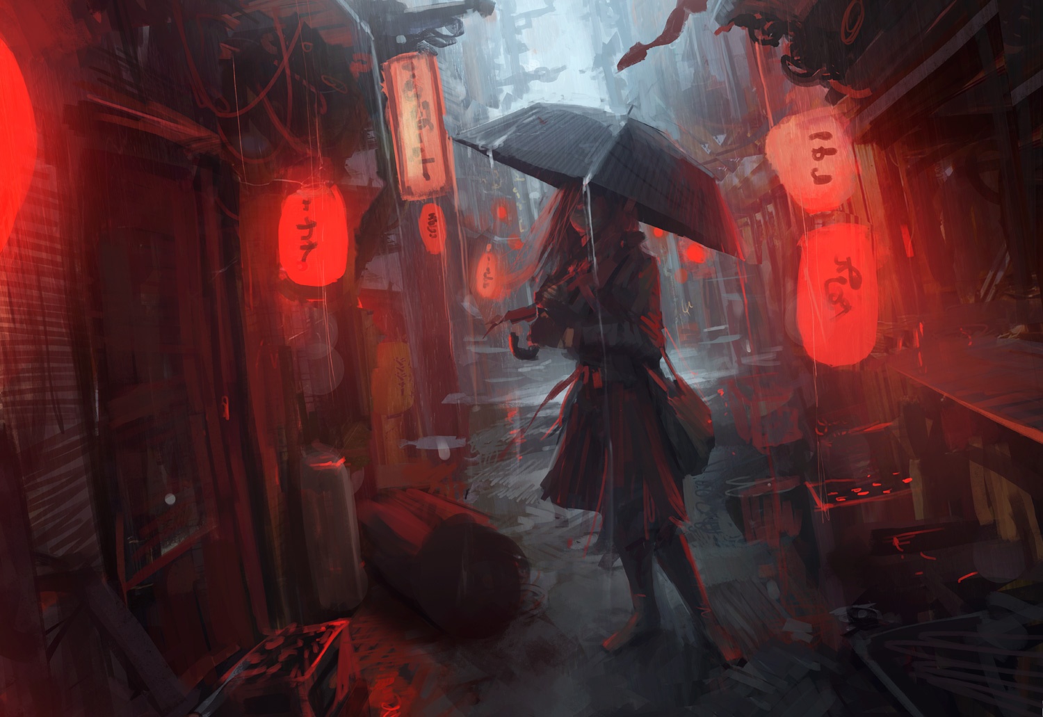 andree_wallin, building, city, gloves, original, rain, red, red_hair, skirt, umbrella, water