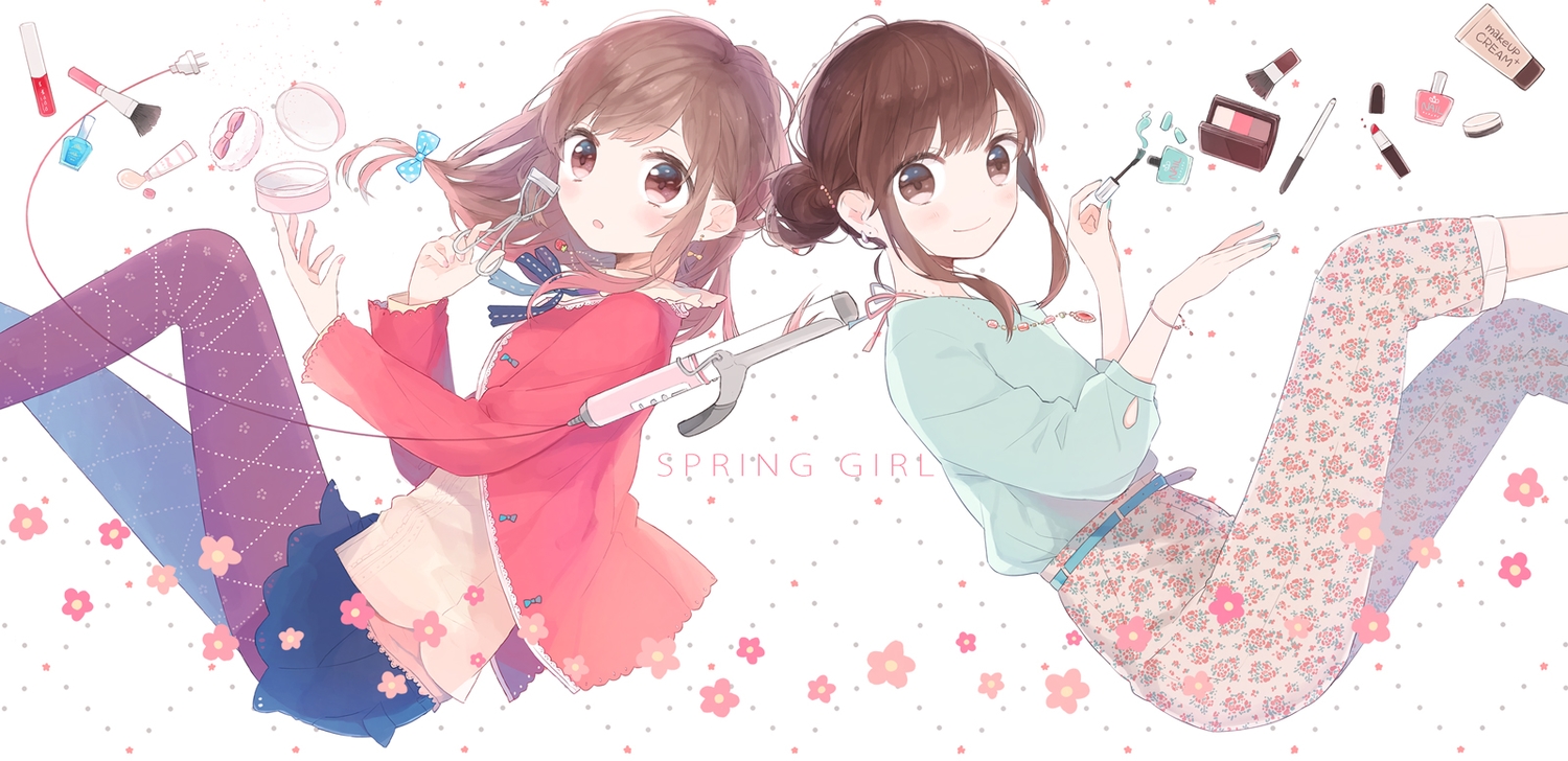 blush, bow, brown_eyes, brown_hair, gomi_chiri, necklace, original, skirt, spring