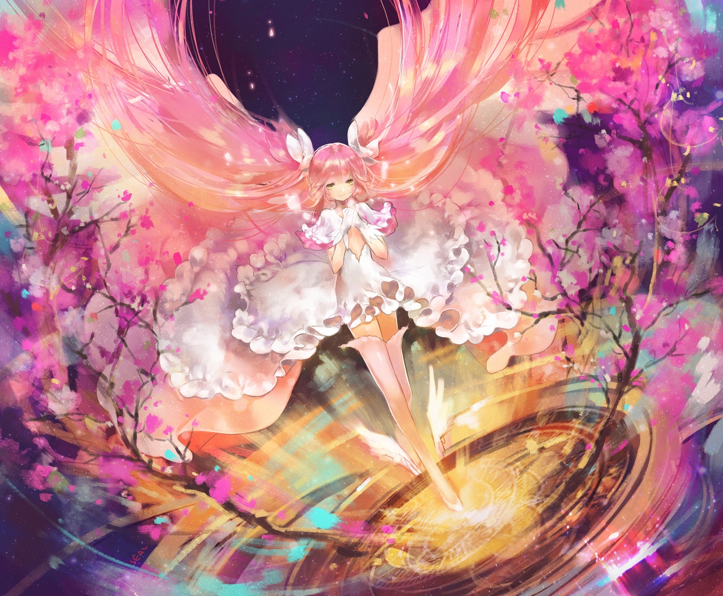 dress, flowers, gloves, jpeg_artifacts, kaname_madoka, long_hair, magic, mahou_shoujo_madoka_magica, petals, pink_hair, seal_(pukozin), stars, thighhighs, twintails, ultimate_madoka, yellow_eyes