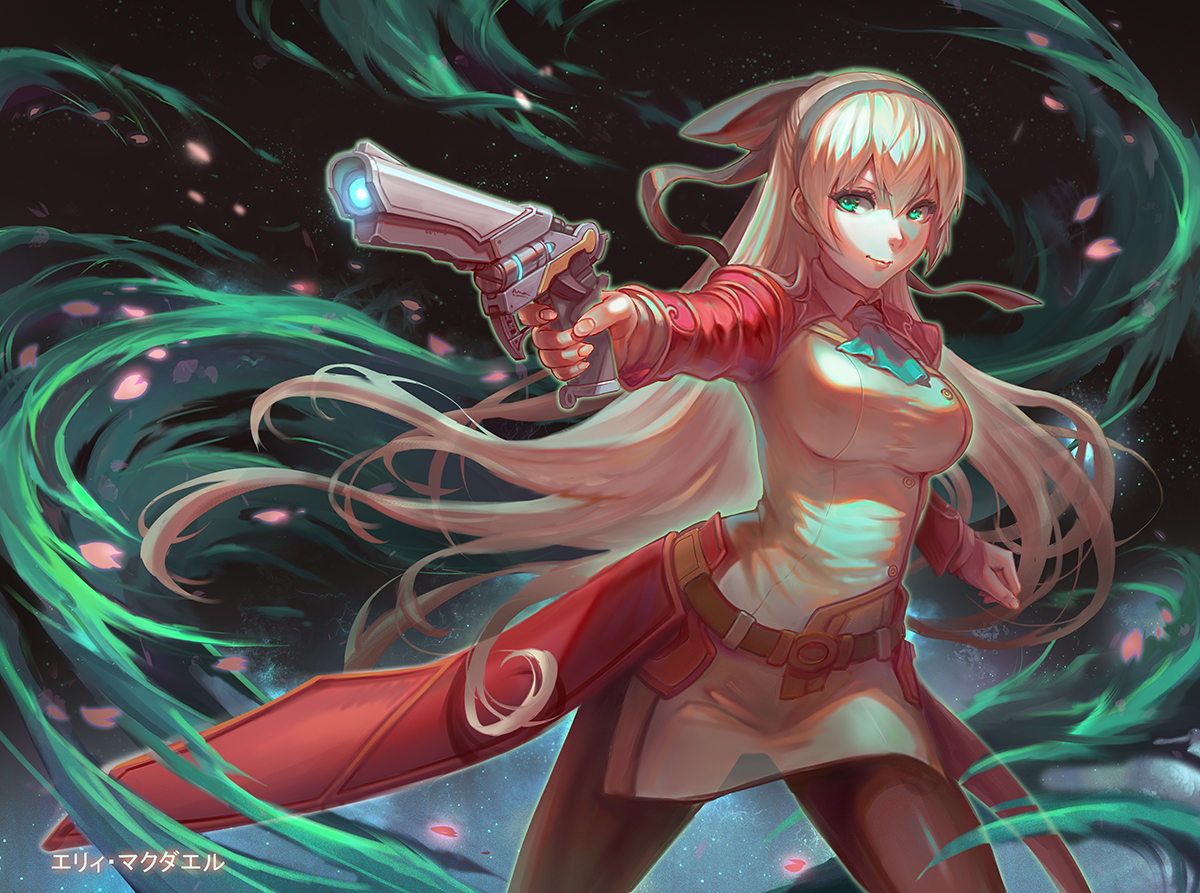 blonde_hair, eiyuu_densetsu, elie_macdowell, gou_(ga673899), green_eyes, gun, headband, long_hair, petals, weapon, zero_no_kiseki