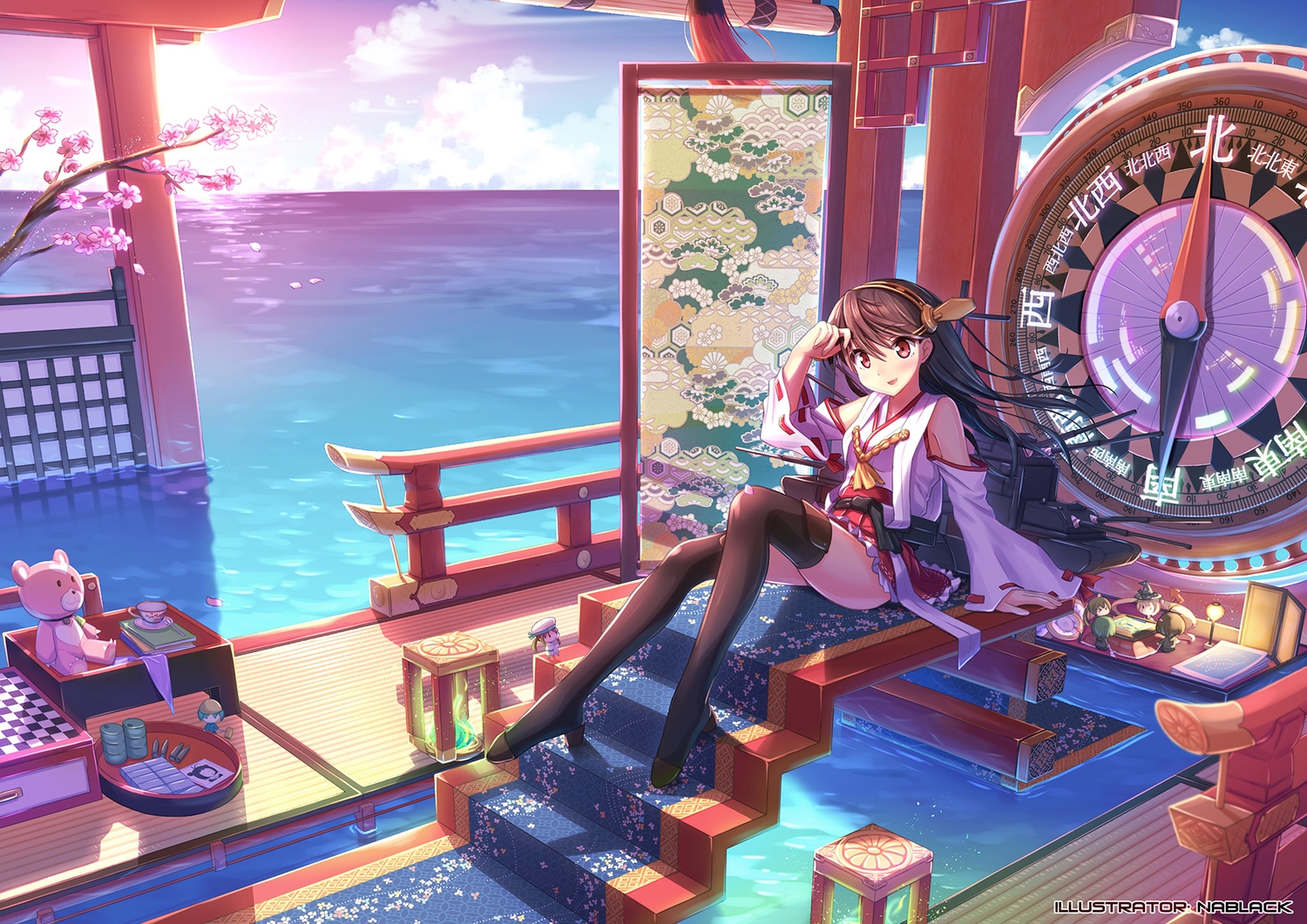 anthropomorphism, aoki_hagane_no_arpeggio, blush, book, boots, brown_hair, cherry_blossoms, chibi, clouds, construction_fairy_(kancolle), crossover, drink, error_musume_(kancolle), flowers, haruna_(kancolle), headband, japanese_clothes, kantai_collection, kirishima_(arpeggio), long_hair, miko, nablack, petals, rashinban_musume_(kancolle), red_eyes, skirt, stairs, sunset, teddy_bear, thighhighs, torii, tree, water, watermark