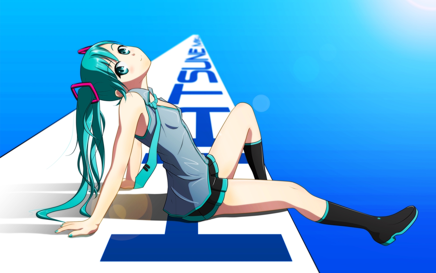 boots, green_eyes, green_hair, hatsune_miku, kneehighs, long_hair, nablack, skirt, tie, twintails, vocaloid
