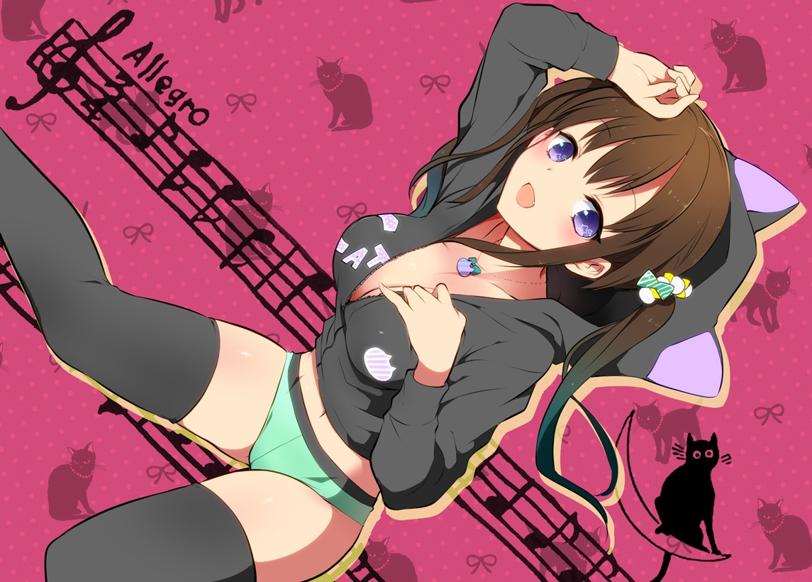 animal, animal_ears, blue_eyes, brown_hair, cat, catgirl, fang, kamiyoshi_rika, long_hair, music, necklace, original, panties, thighhighs, underwear