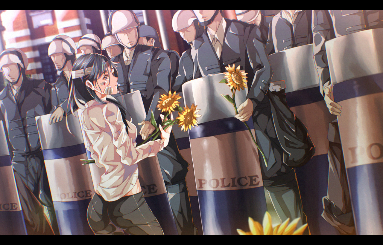 bandage, black_hair, flowers, group, long_hair, original, police, shirt, sunflower, uniform, viola_(seed)