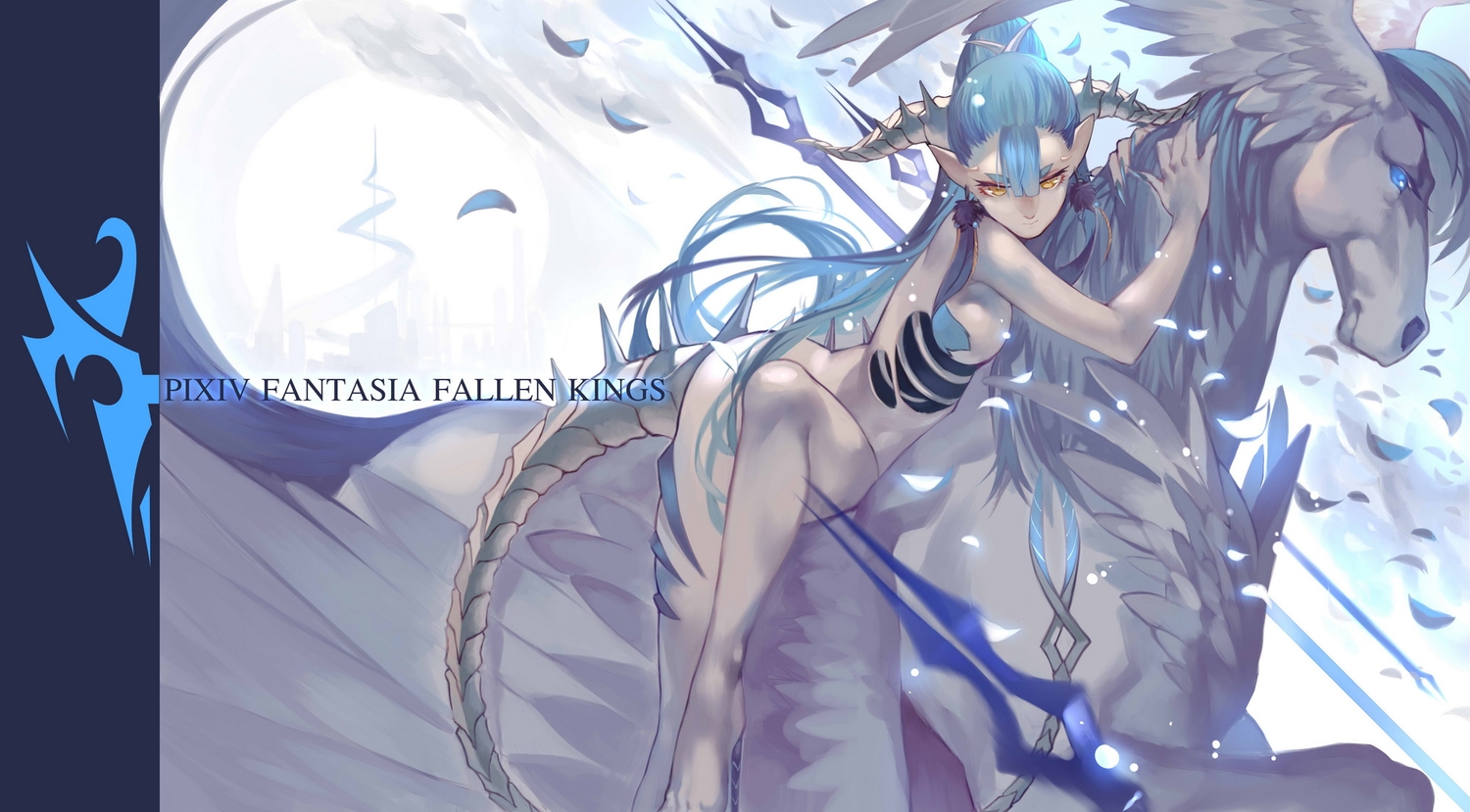 animal, animal_ears, barefoot, blue_hair, horns, horse, joseph_lee, long_hair, original, pegasus, petals, pixiv_fantasia, pointed_ears, ponytail, tail, weapon, wings, yellow_eyes