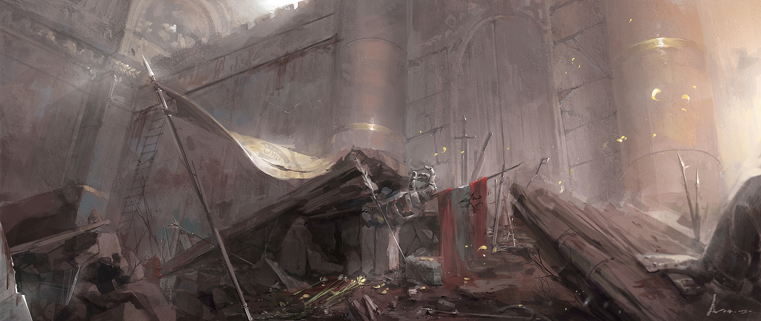 armor, a-shacho, building, no_humans, original, pixiv_fantasia, ruins, signed
