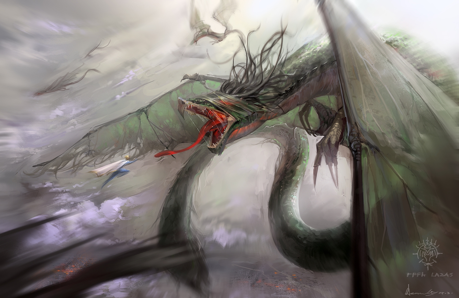a-shacho, blonde_hair, cape, dragon, original, pixiv_fantasia, short_hair, signed