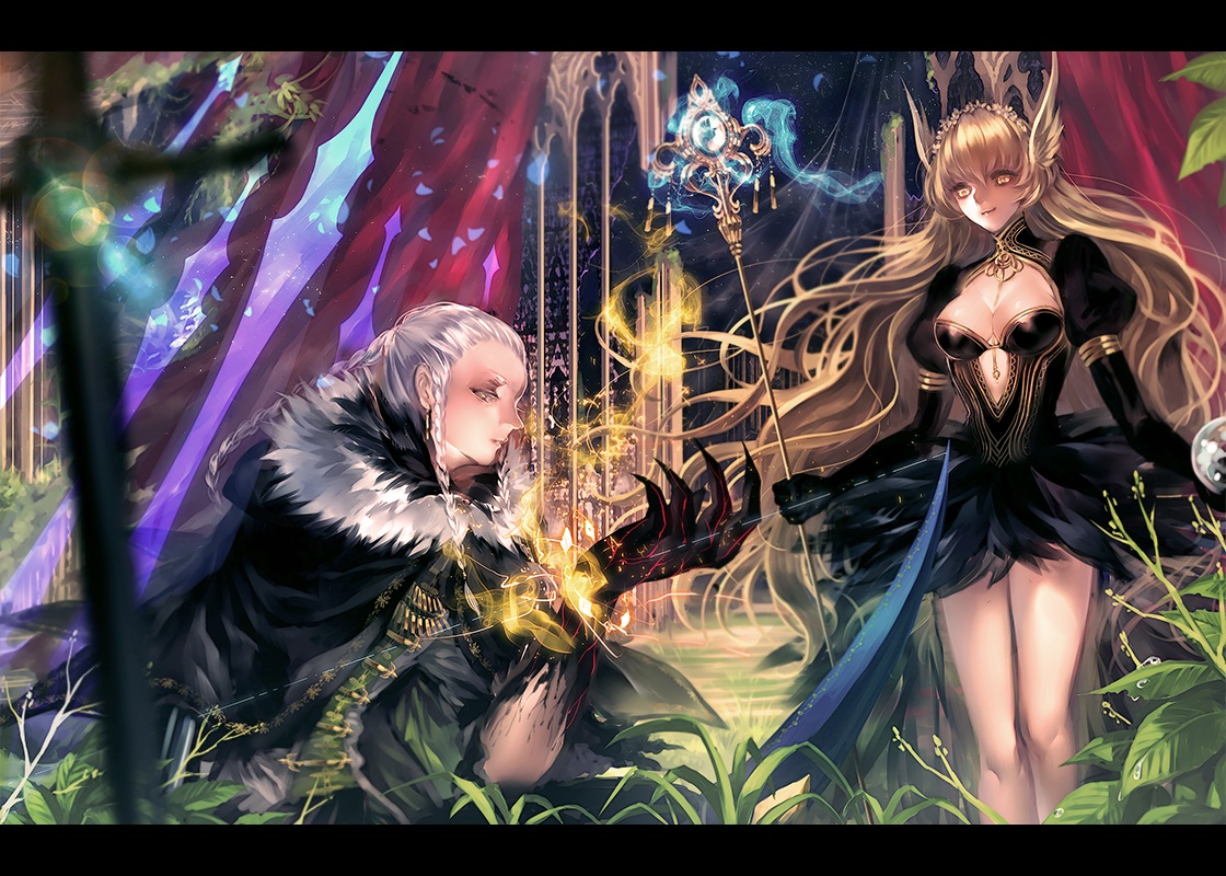 2girls, blonde_hair, braids, breasts, cleavage, cross, dress, gray_eyes, leaves, long_hair, original, pixiv_fantasia, staff, sword, weapon, white_hair, yellow_eyes, yuuki_(mnm217)