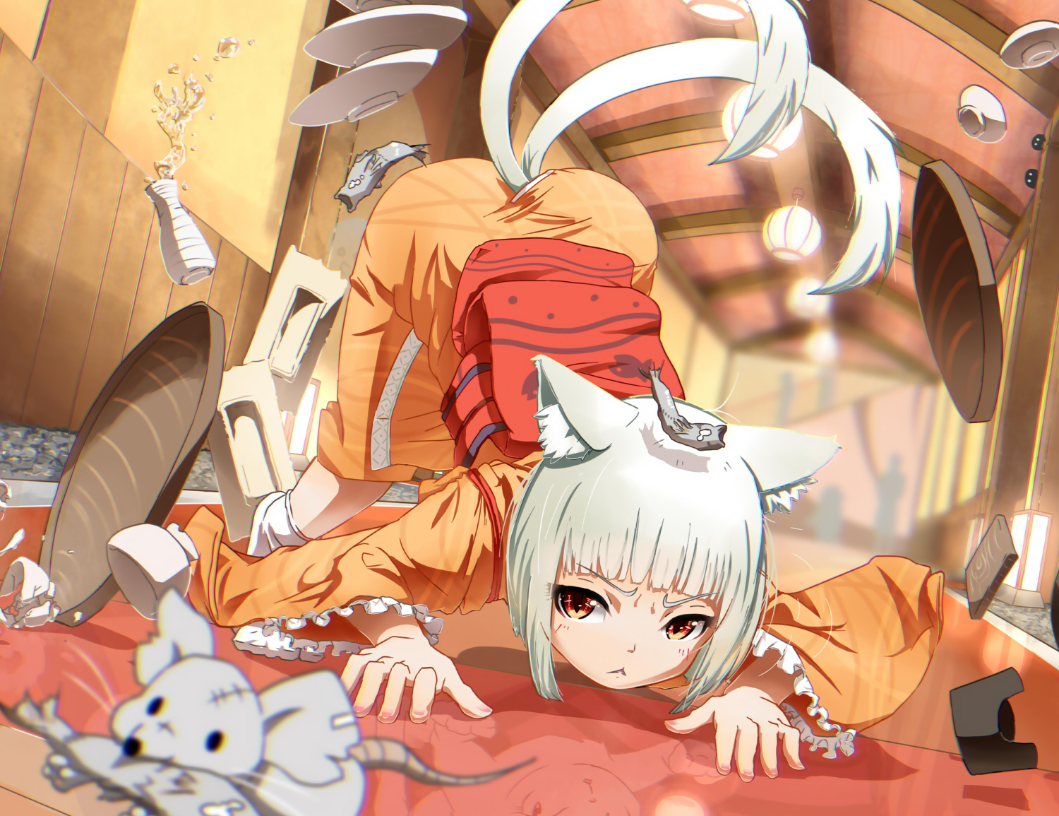 animal, animal_ears, catgirl, drink, gray_hair, japanese_clothes, kimono, mouse, multiple_tails, original, red_eyes, short_hair, tadano_omake, tail