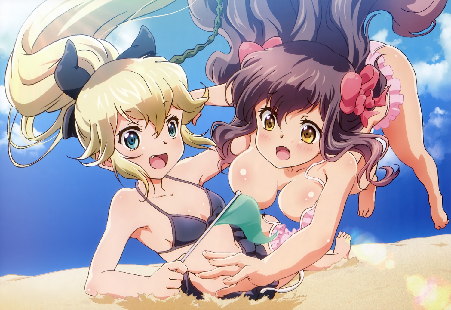 barefoot, beach, bikini, blonde_hair, blue_eyes, breasts, brown_hair, cleavage, clouds, headdress, kanojo_ga_flag_o_oraretara, long_hair, mahougasawa_akane, megami, nanami_knight_bladefield, ponytail, scan, sky, swimsuit, yabumoto_kazuhiko, yellow_eyes