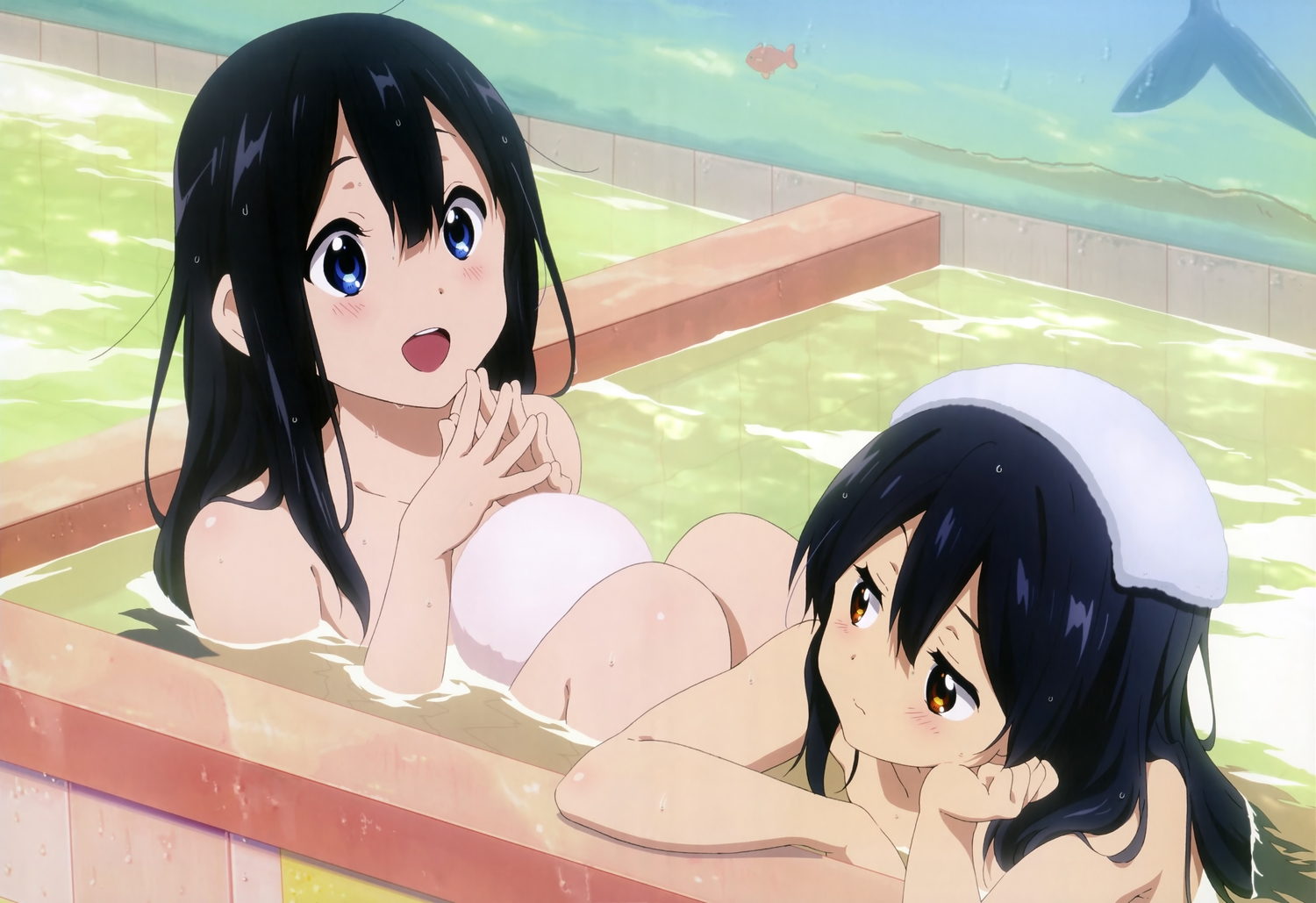 bath, black_hair, blue_eyes, brown_eyes, horiguchi_yukiko, kitashirakawa_anko, kitashirakawa_tamako, long_hair