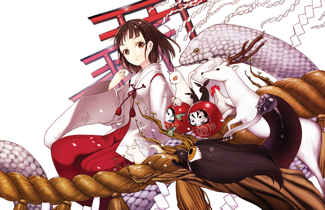 animal, brown_eyes, brown_hair, japanese_clothes, katase_yuu, kimono, miko, original, rope, short_hair, snake, torii
