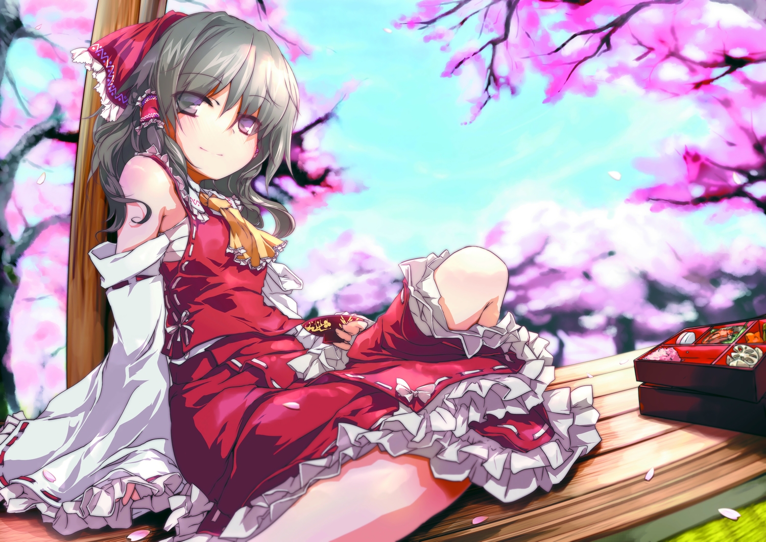 ayuya_naka_no_hito, bow, cherry_blossoms, drink, flowers, food, gray_hair, hakurei_reimu, japanese_clothes, miko, petals, purple_eyes, touhou