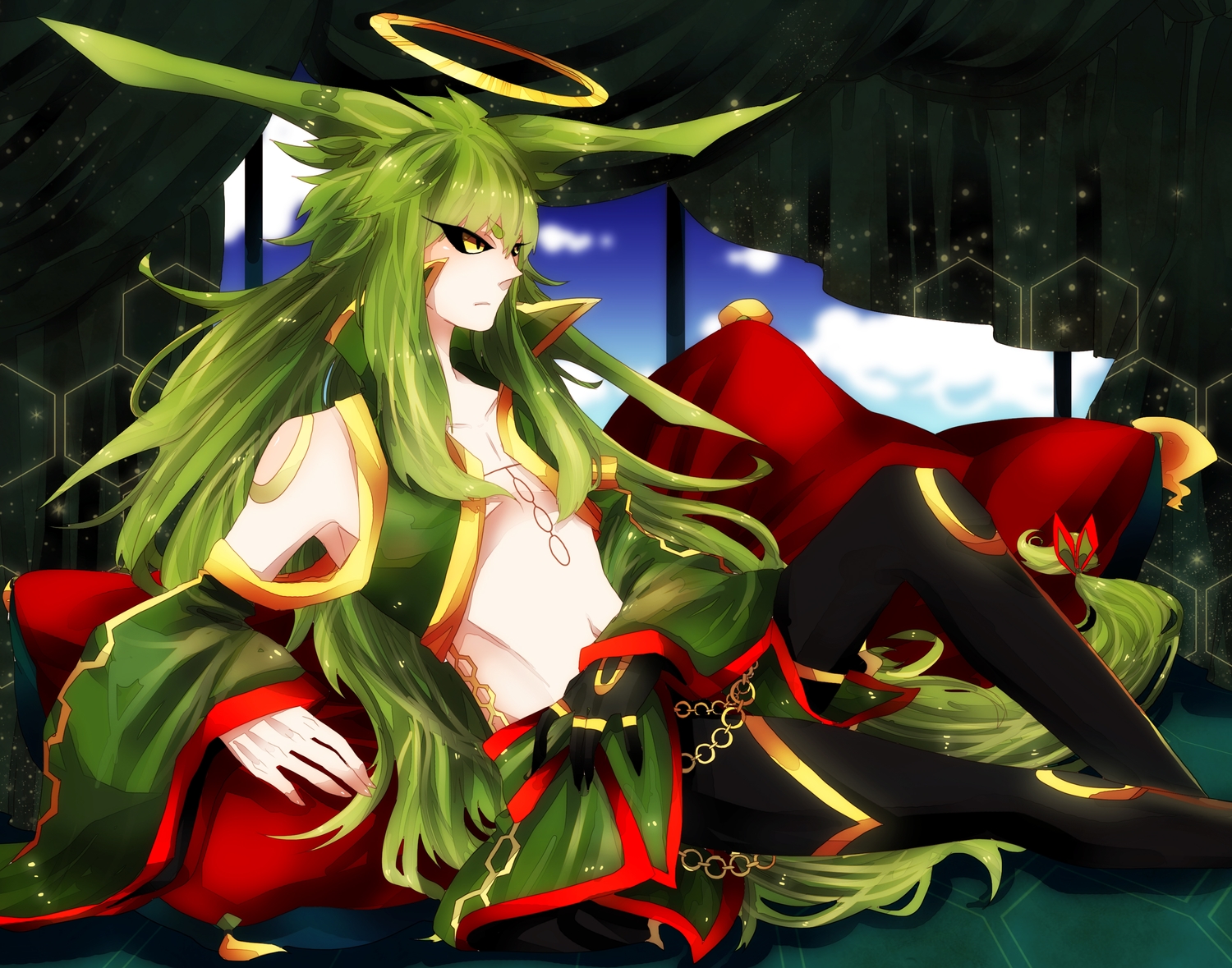 all_male, anthropomorphism, clouds, green_hair, male, navel, pokemon, rayquaza