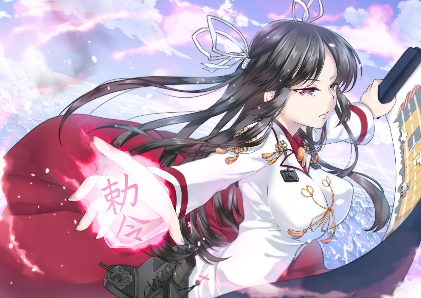 anthropomorphism, black_hair, breasts, clouds, geike, hiyou_(kancolle), kantai_collection, long_hair, purple_eyes, ribbons, sky, uniform, water