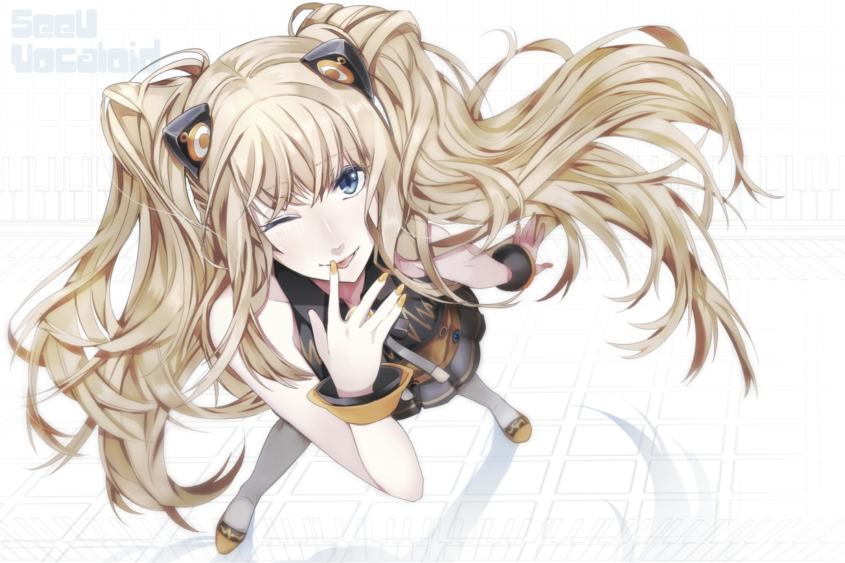 blonde_hair, blue_eyes, long_hair, seeu, toya_kure, twintails, vocaloid, white, wink