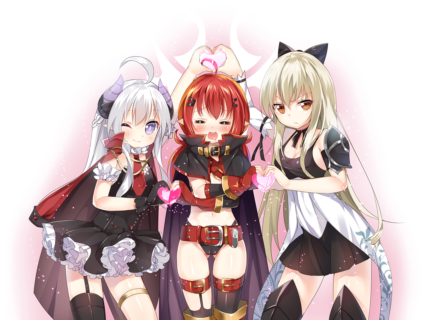 blonde_hair, blush, bow, brown_eyes, cameltoe, cape, garter, gloves, heart, horns, lolita_fashion, long_hair, mvv, navel, original, pink_eyes, pixiv_fantasia, pointed_ears, red_hair, rulu, thighhighs, tie, vivian_(mvv), white, white_hair, wink