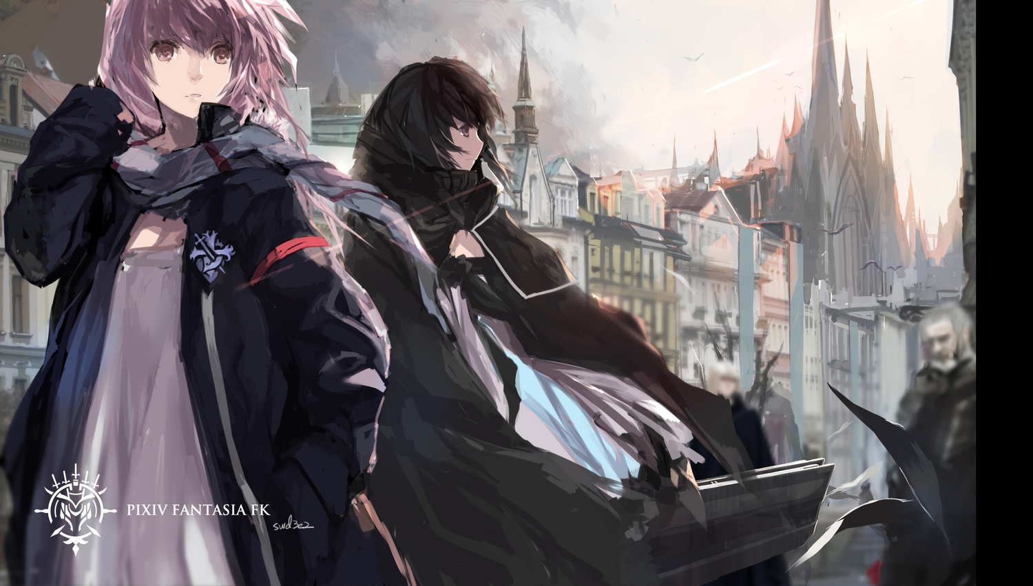 berlinetta, black_hair, brown_eyes, building, city, long_hair, original, paradise_(pffk), pink_eyes, pink_hair, pixiv_fantasia, scarf, swd3e2