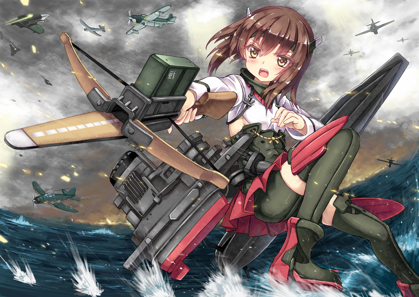 aircraft, anthropomorphism, bike_shorts, blush, boots, bow_(weapon), breasts, brown_hair