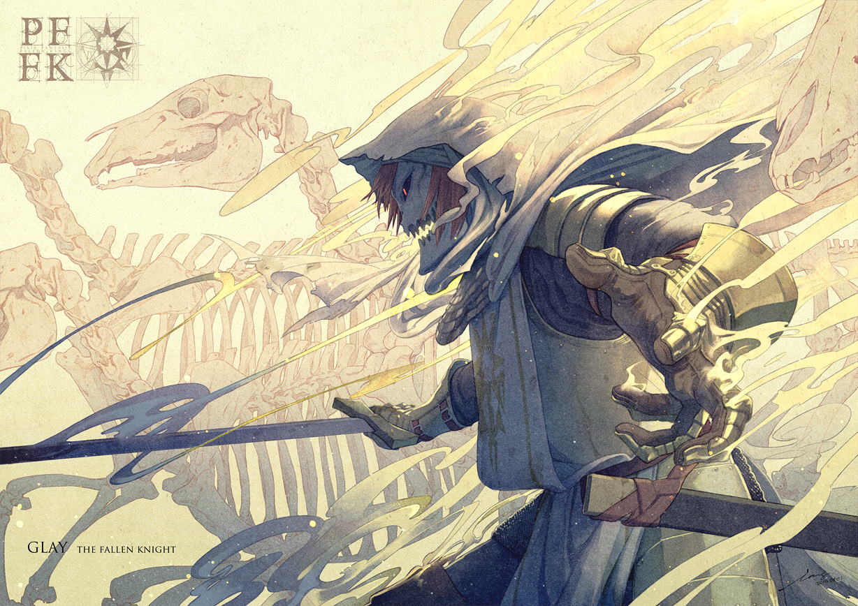 armor, bones, gloves, imaginaly_blank, original, pixiv_fantasia, red_eyes, red_hair, signed, skull, sword, weapon