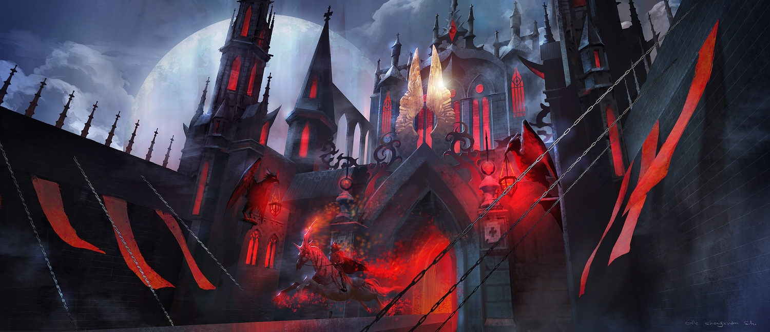 animal, armor, building, cape, chain, horse, lost_elle, moon