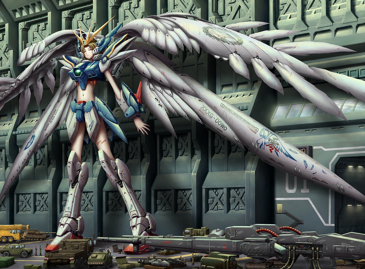 brown_hair, car, combat_vehicle, e.k., gun, gundam_wing, heero_yuy, jpeg_artifacts, mechagirl, military, mobile_suit_gundam, navel, weapon, wings
