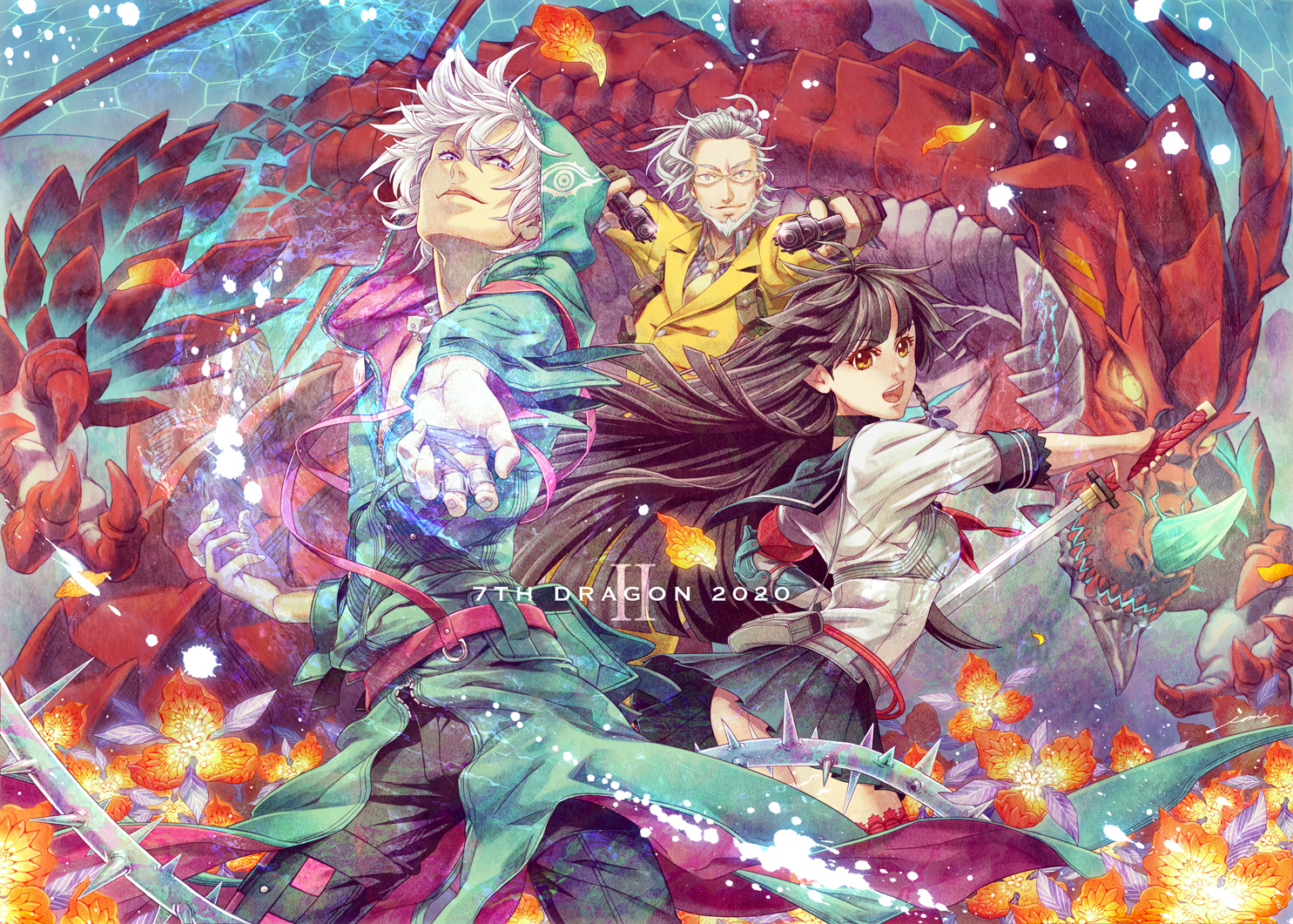 7th_dragon, 7th_dragon_2020, bandage, black_hair, blue_eyes, choker, dragon, glasses