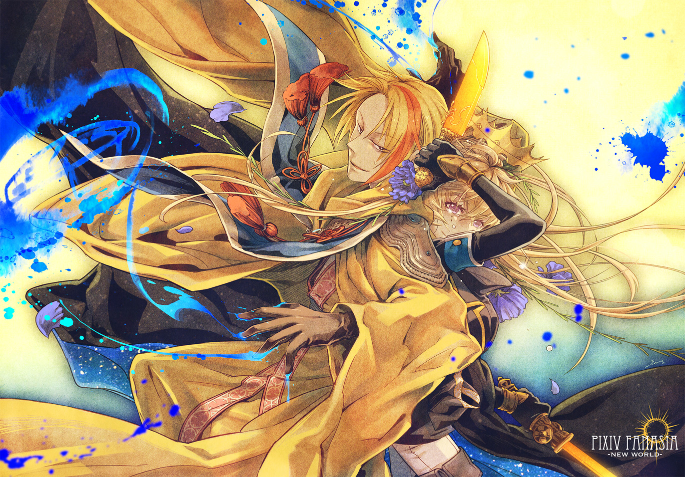 blonde_hair, crown, gloves, imaginaly_blank, jpeg_artifacts, knife, long_hair, mage