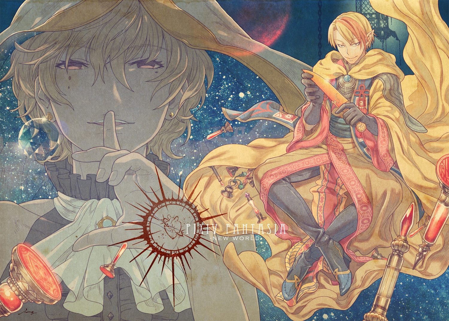 all_male, blonde_hair, imaginaly_blank, knife, male, original, pink_eyes, pixiv_fantasia