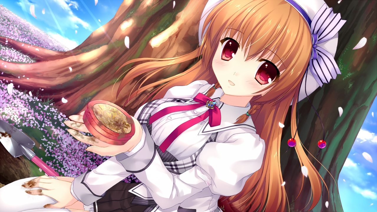 alia's_carnival, asamiya_shiina, brown_hair, flowers, game_cg, hat, long_hair, nanao_naru, nanawind, petals, red_eyes, ribbons, school_uniform, thighhighs, tree